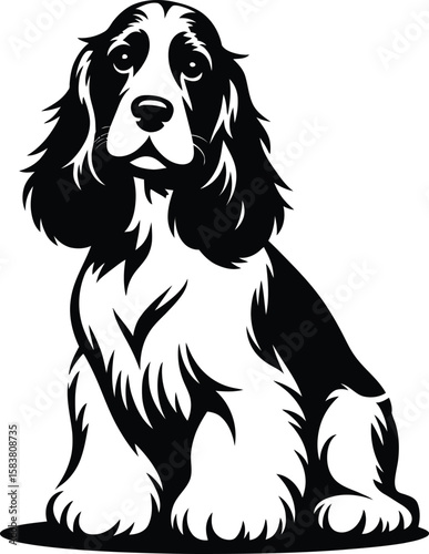 Sitting English Cocker Spaniel silhouette with long floppy ears in black and white vector illustration