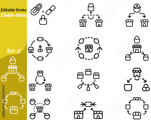 A symbol of a storefront repeated in a line, representing retail chains, uniform branding, franchising, large-scale distribution, multi-location shops, consumer goods, and commercial consistency.