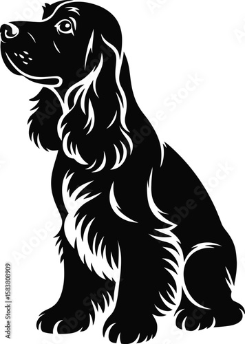 Sitting English Cocker Spaniel silhouette with floppy ears hanging down in isolated black and white vector