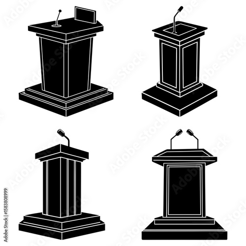 Illustration showcasing four distinct podiums each equipped with a microphone in a monochrome style