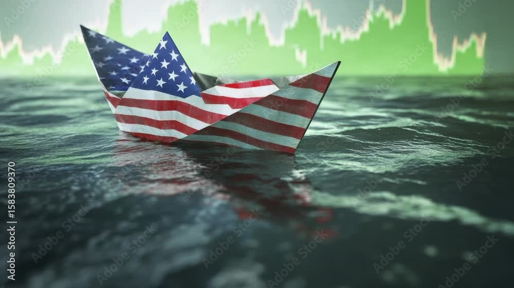 Paper boat with American flag design floats on choppy water against a blurry stock market graph background.