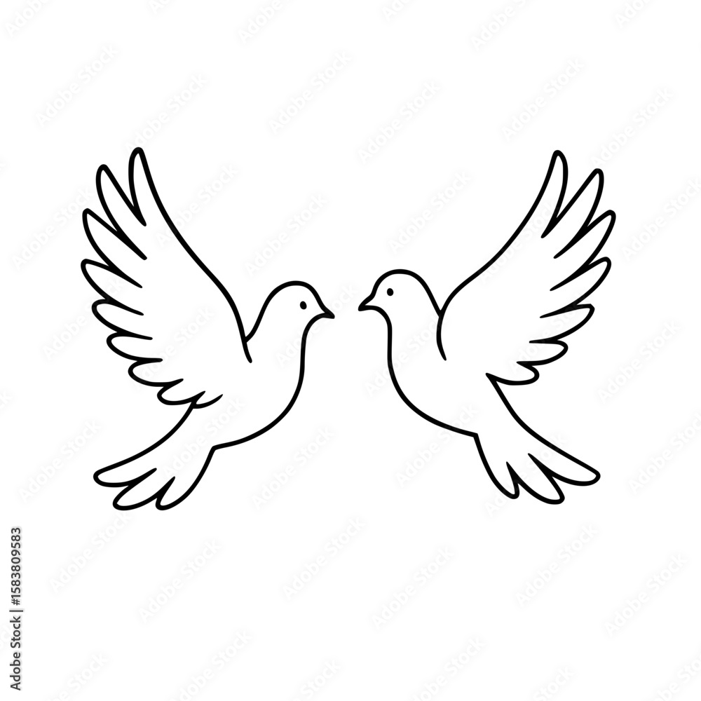 Fototapeta premium Two stylized black outline doves in flight facing each other, isolated 