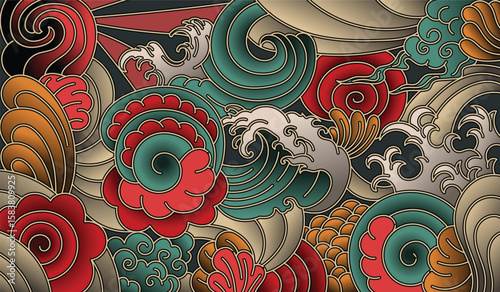 japanese tattoo with water waves and clouds, oriental tattoo, japanese art background