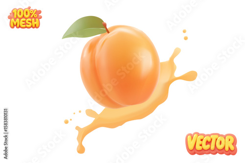 Vector apricot with juice splash isolated on white background.