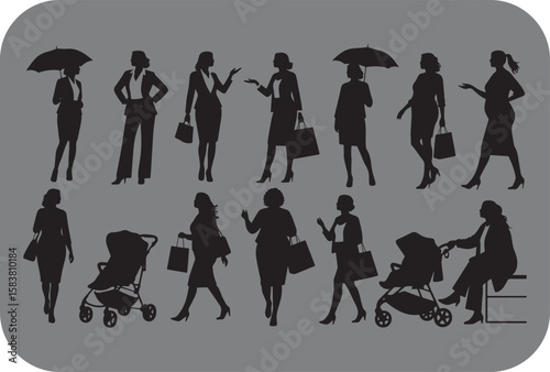 Diverse group of women in silhouette with umbrellas strollers and shopping bags