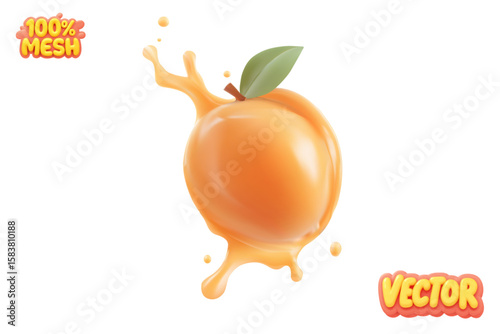 Vector apricot with juice splash isolated on white background.