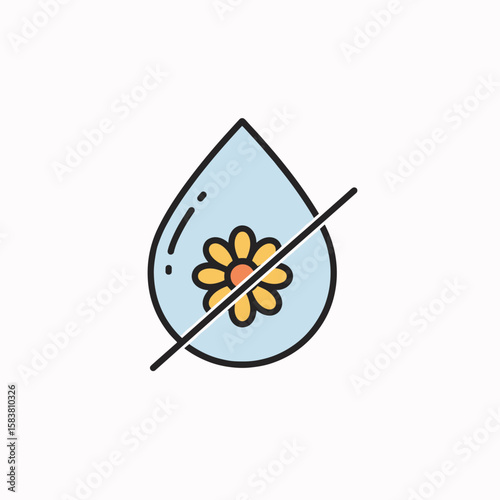 Droplet with flower inside and diagonal strike-through line, fragrance-free symbol, minimal flat vector icon, clean and simple design