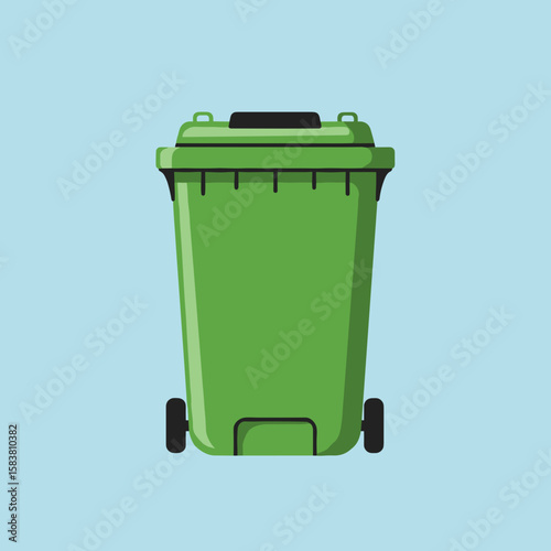 Green trash can with black wheels and lid, flat vector illustration, urban waste bin style, front view, clean minimal design on pastel blue background