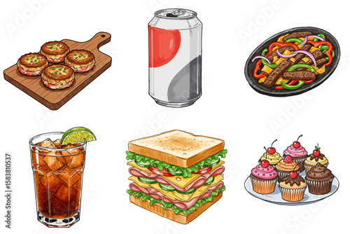 Set of crab cakes, Long Island Iced Tea, soft drink, club sandwich, Tex-Mex fajitas, and cupcakes, design sketch style vector with rough outlines, on transparent background