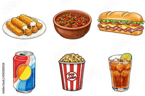 Set of Mozzarella Sticks, Soft Drink, Chili Con Carne, Popcorn, Po’ Boy, and Iced Tea in sketch style, isolated on transparent background