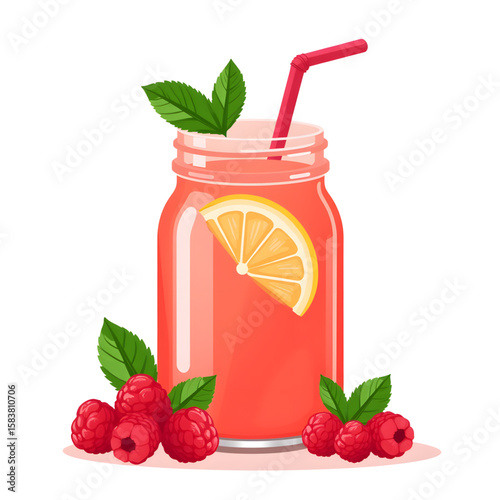 Raspberry lemonade in a jar with straw and mint leaves  