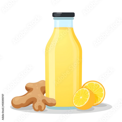 Ginger lemonade in a bottle with sliced lemon and ginger root