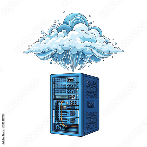A stylized illustration of a server rack emerging from a cloud, suggesting cloud computing.