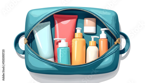Cosmetic bag filled with colorful beauty products and toiletries  
