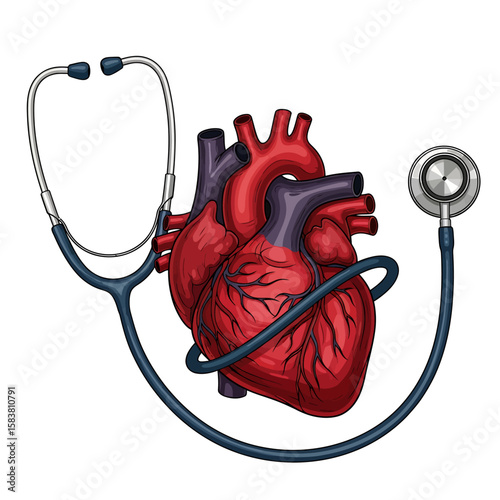 Anatomical heart illustration with a stethoscope wrapped around it, isolated on a white background.