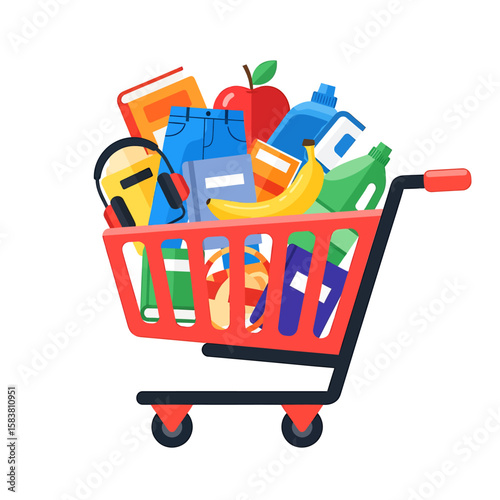 A red shopping cart overflowing with various grocery items, books, and clothing, suggesting an unusual or humorous shopping spree.