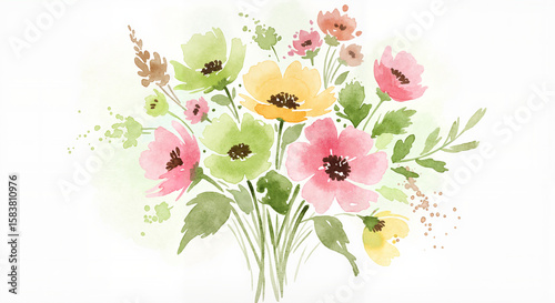 A soft and expressive watercolor painting of a bouquet of wildflowers, created in a loose, impressionistic style. The image features gentle brushstrokes, fluid pigment blending, and a vibrant yet airy