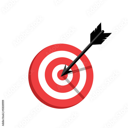 Black arrow hitting the bullseye of a red target.  Success, accuracy, and precision are visually represented.