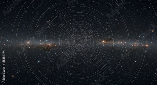 Starry Night Sky with Circular Light Trails and Milky Way Galaxy