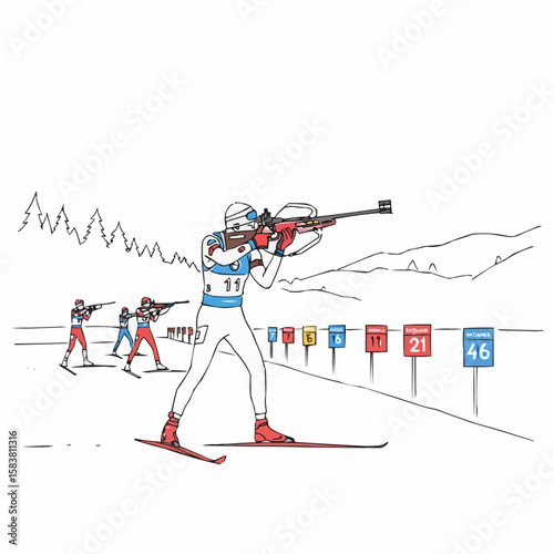 Biathlete shooting while skiing in winter landscape with targets  