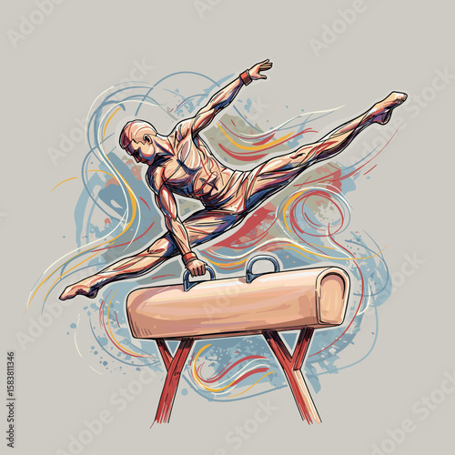 Gymnast on pommel horse in abstract vector design with swirling motion lines and vibrant sports color theme