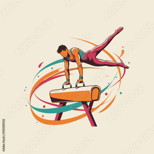 Pommel horse gymnast in abstract vector style with dynamic swirling lines and vibrant gradient colors, representing motion and athleticism