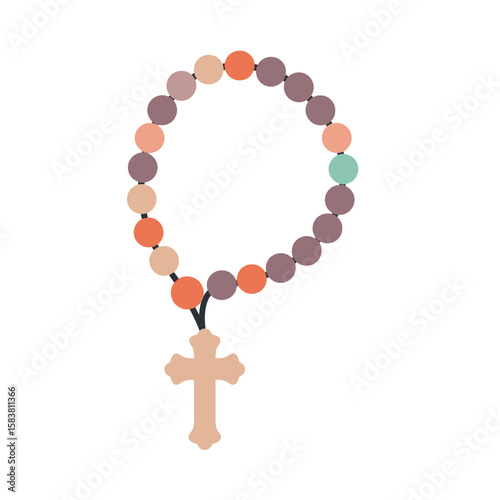 Traditional rosary with round beads in minimalist flat vector style, soft pastel palette with bright accent, clean lines and simple design