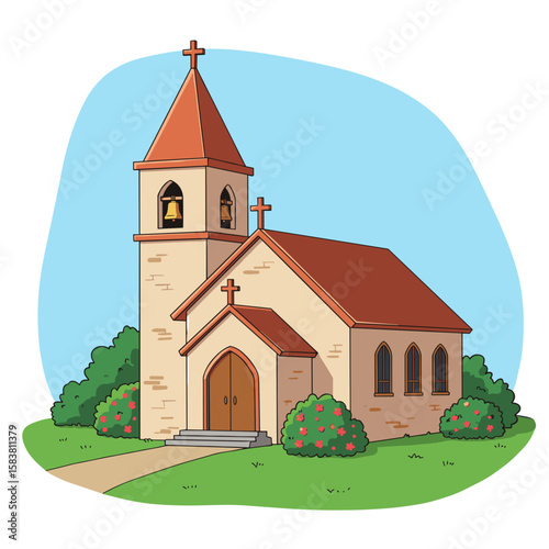 Charming village church front with bell tower and flower bushes under clear sky, cartoon vector style, bright and friendly layout