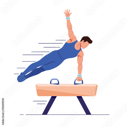 Male gymnast performing pommel horse routine, focused and dynamic, mid-swing with one hand on pommel, simple shapes and motion lines, athletic strength