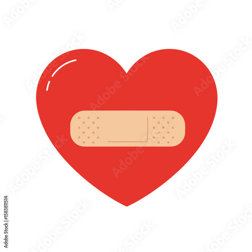 Heart with bandaid in flat vector style, minimal red and beige design on white background, emotional healing symbol 