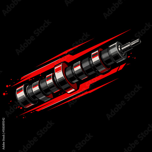 Stylized camshaft with motion lines and racing elements, bold and dynamic, high-performance engine part design in red and black color theme, flat vector illustration