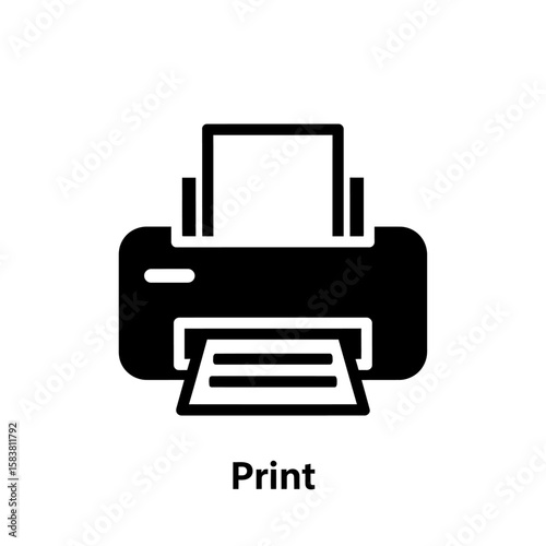 A black and white illustration of a printer with paper, ready to print documents.