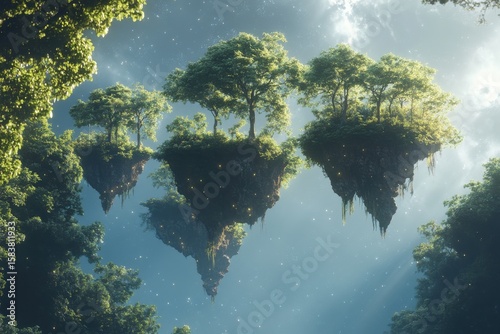 Floating islands with lush greenery above a misty forest during a serene afternoon