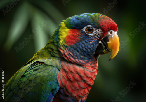 Colorful parrot with vivid feathers, showing its striking beak and patterns, set against a natural green background.