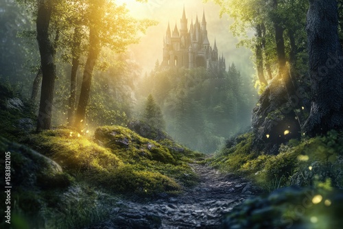 A mystical forest pathway leading to an enchanting castle at dawn
