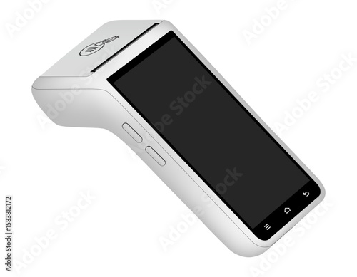 POS Terminal with black screen. Mockup of a white wireless terminal. NFC payment machine. Mobile payment. Credit cards are accepted here. Payments device. Banking equipment