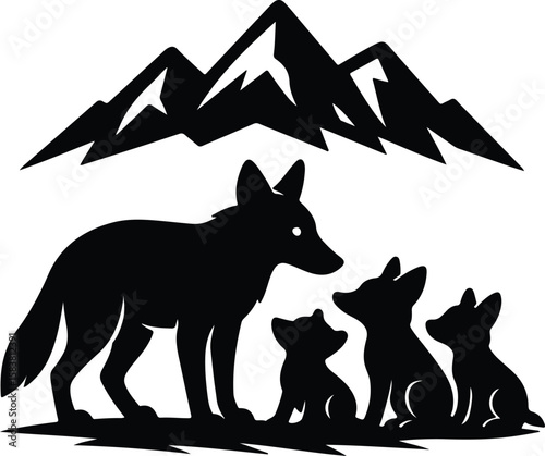 Silhouette wolf family with mountain landscape vector illustration