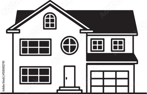 Stylized black and white outline of a two story residential house with garage isolated on transparent background