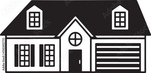 Simple black and white illustration of a house with a garage and dormer windows isolated on transparent background