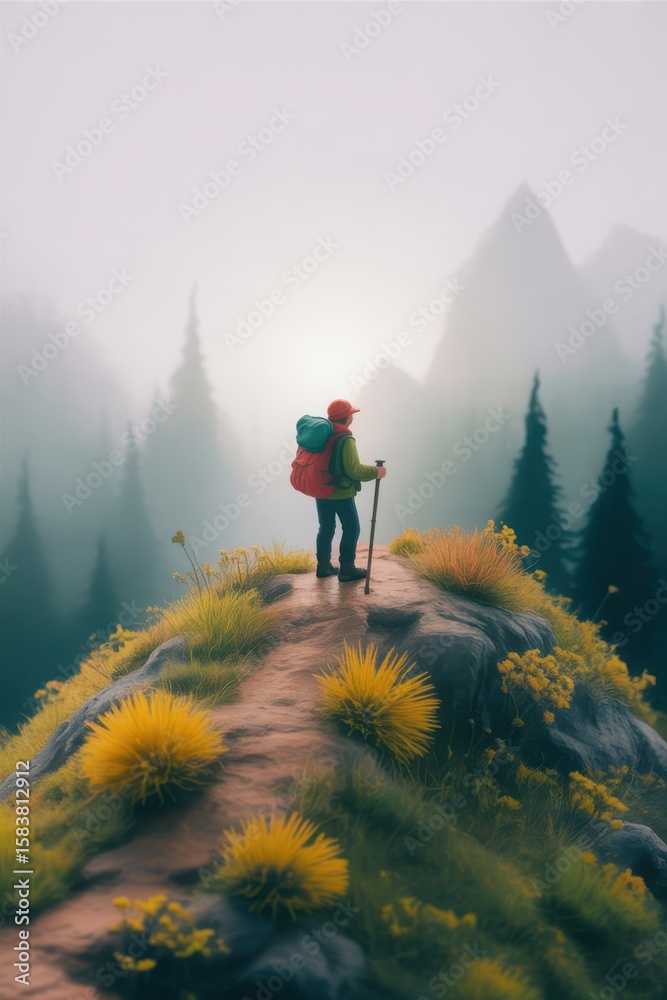 Fototapeta premium Lone hiker atop a misty mountain peak