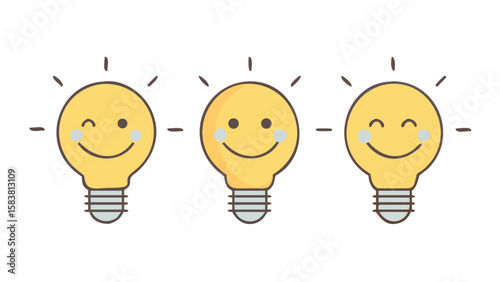 Three glowing light bulbs with smiley faces, showcasing happiness and positivity against a neutral background
