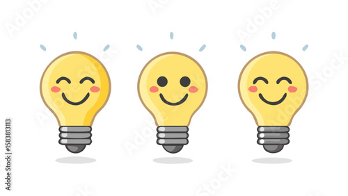 Three glowing light bulbs with smiley faces, showcasing happiness and positivity against a neutral background

