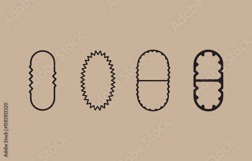 Four abstract oval shapes with decorative jagged edges and internal divisions isolated on transparent background