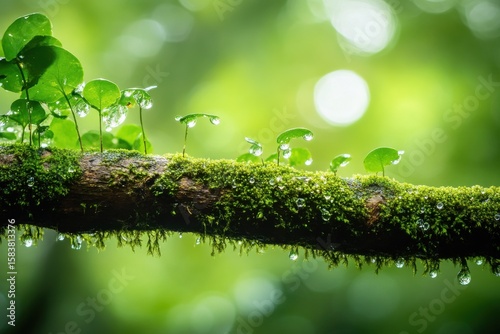 Dew-kissed leaves and moss on a branch in a lush forest after morning rain