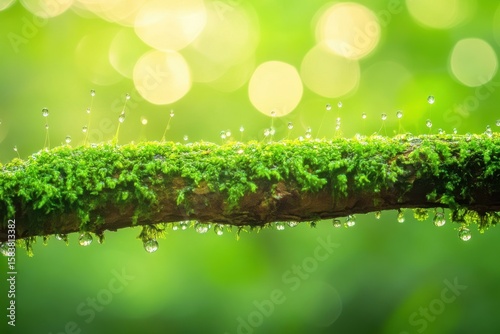 Dewdrops glisten on vibrant moss-covered branch in lush forest during early morning light