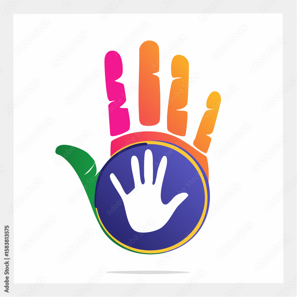 Fototapeta premium Child inside adult handprint colorful illustration of care and growth