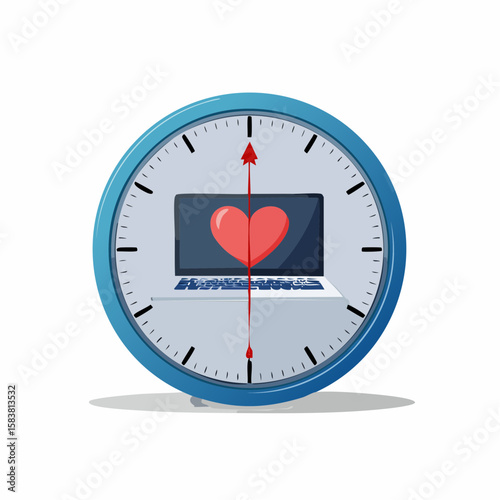 Clock face dividing work on Laptop and emotional Heart, balancing life