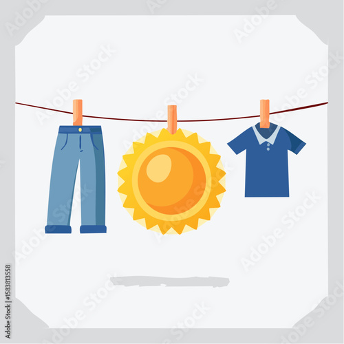 Clothesline with pants, sun and shirt hanging out to dry