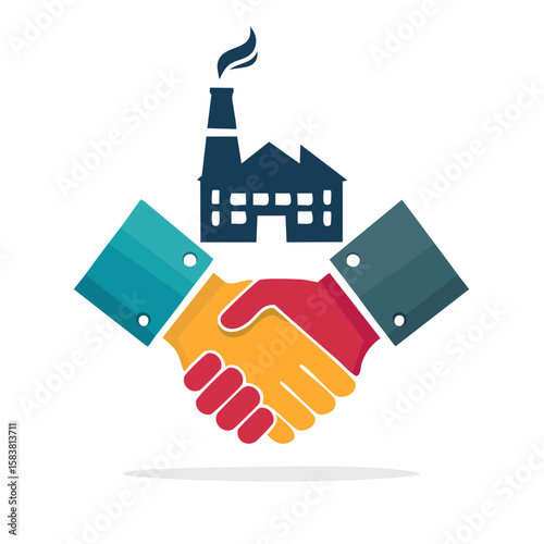 Illustration of factory partnership and industry collaboration handshake