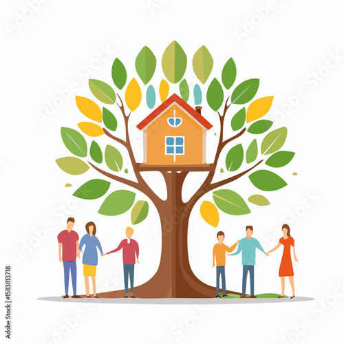 Family tree with house in branches represents ancestry and generations